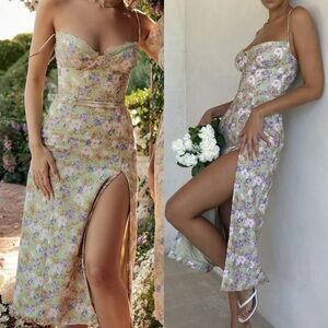 House Of CB Charlotte Midi Dress Peony Green Floral Print Lace L+ Plus Cup